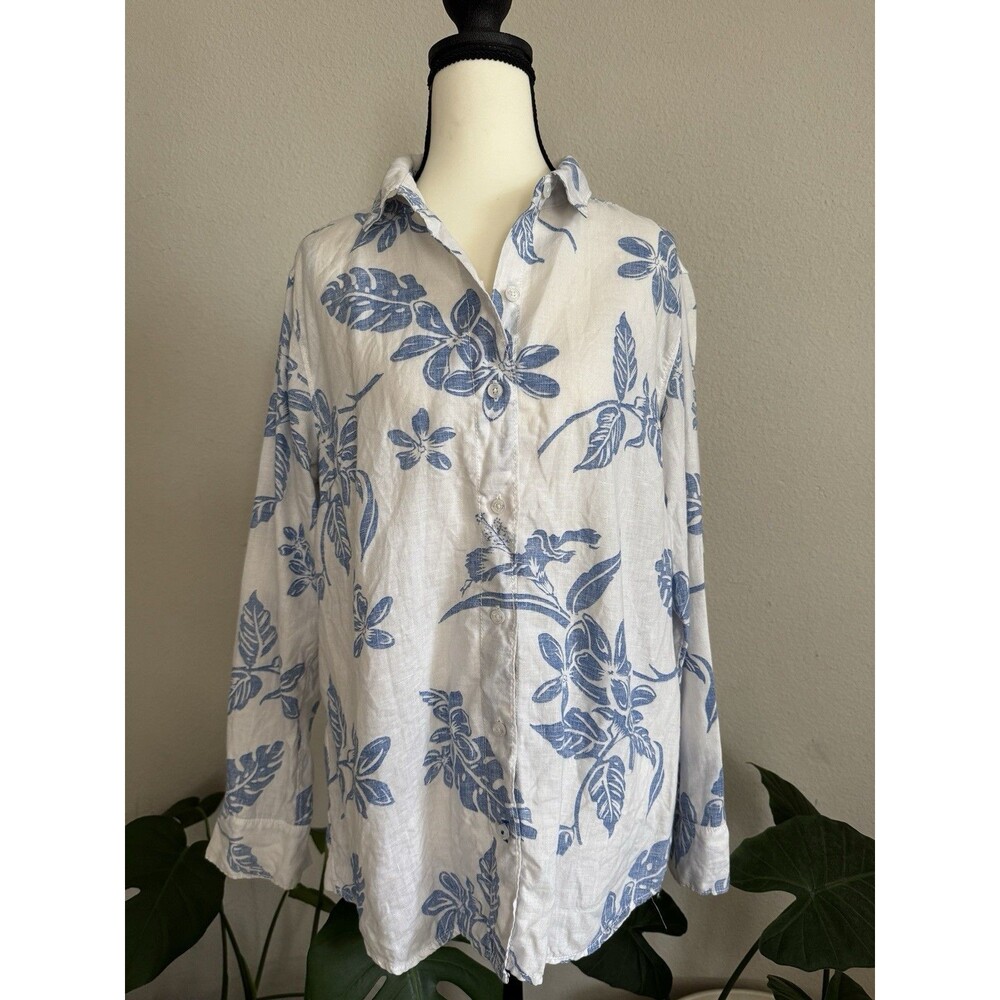 Tommy Bahama Women’s M 100% Linen Blue Floral Tropical Button-Down Shirt
